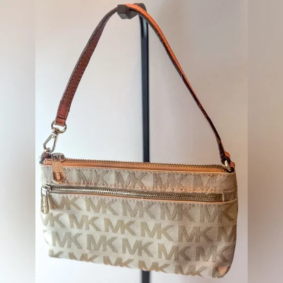 Michael Kors MK Logo Wristlet Shoulder Bag | Beige Tan Canvas - Picture 2 of 11